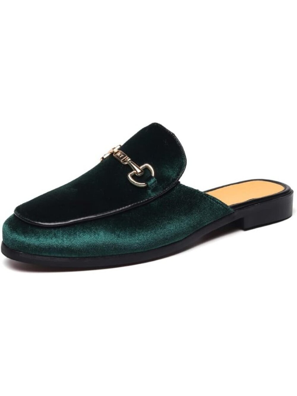 Men's Green Rubber Sole Velvet Leather Gold Buckle Slip On Penny Loafer Slippers